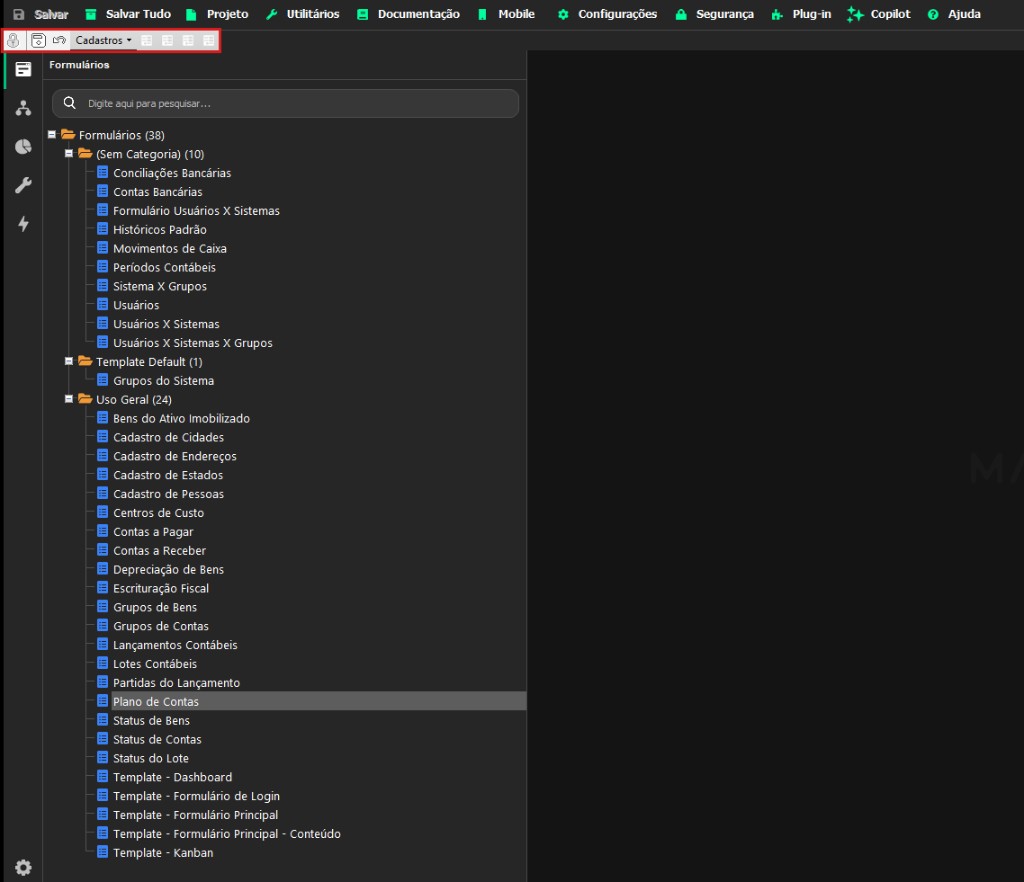 Localização do menu no editor do Maker