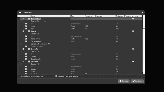 Seleção de formulários e opções