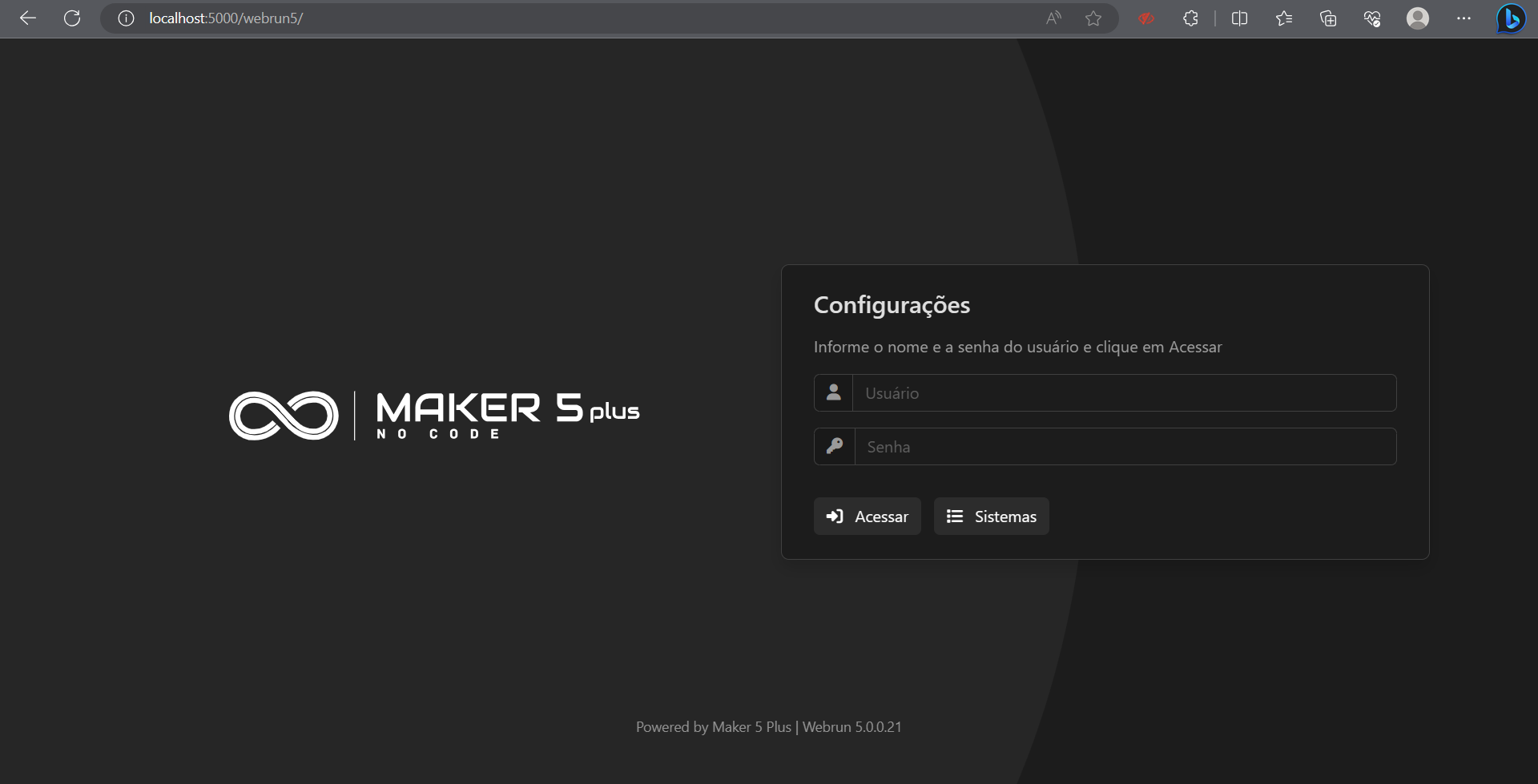 Tela de configurações